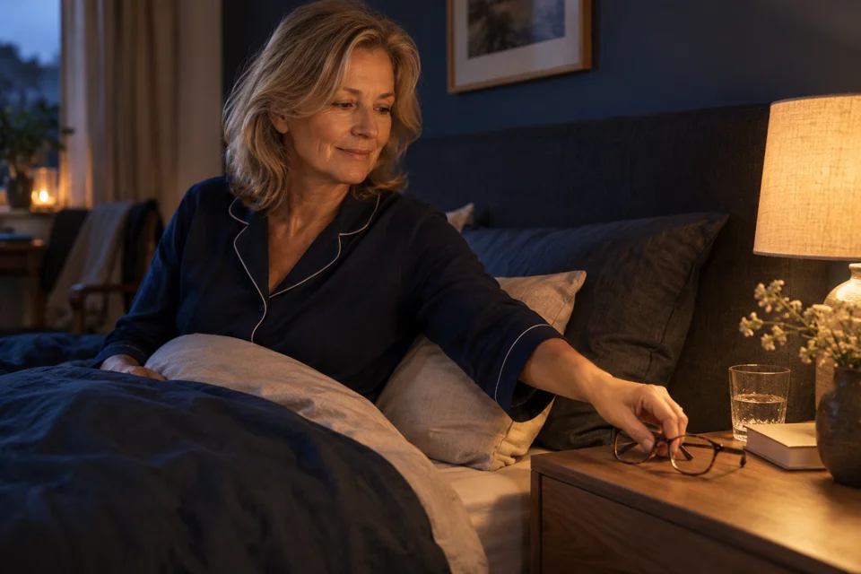 Vrouw legt haar bril op een nachtkastje voor het slapen