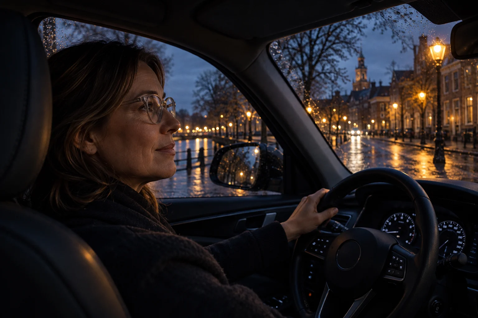 Vrouw met heldere bril in een geparkeerde auto bij schemering