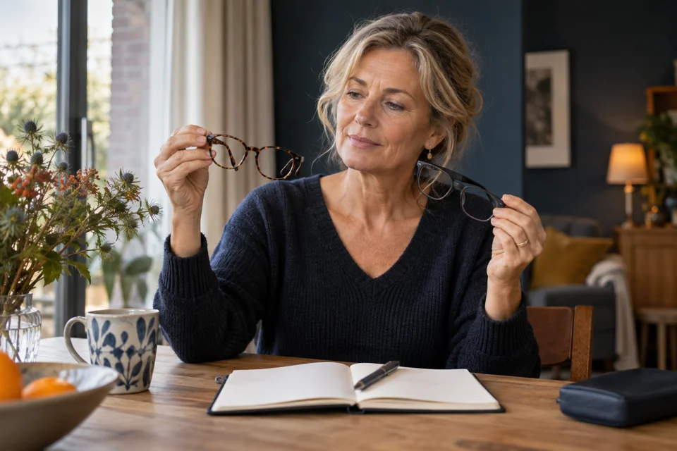Vrouw vergelijkt twee monturen aan tafel