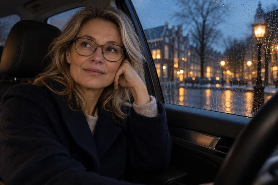 Vrouw in een geparkeerde auto bij schemering en regen