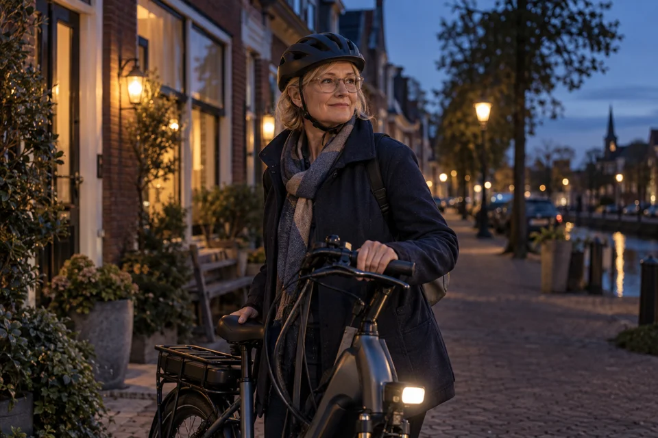 Vrouw met bril en fietshelm staat naast haar e-bike bij schemering