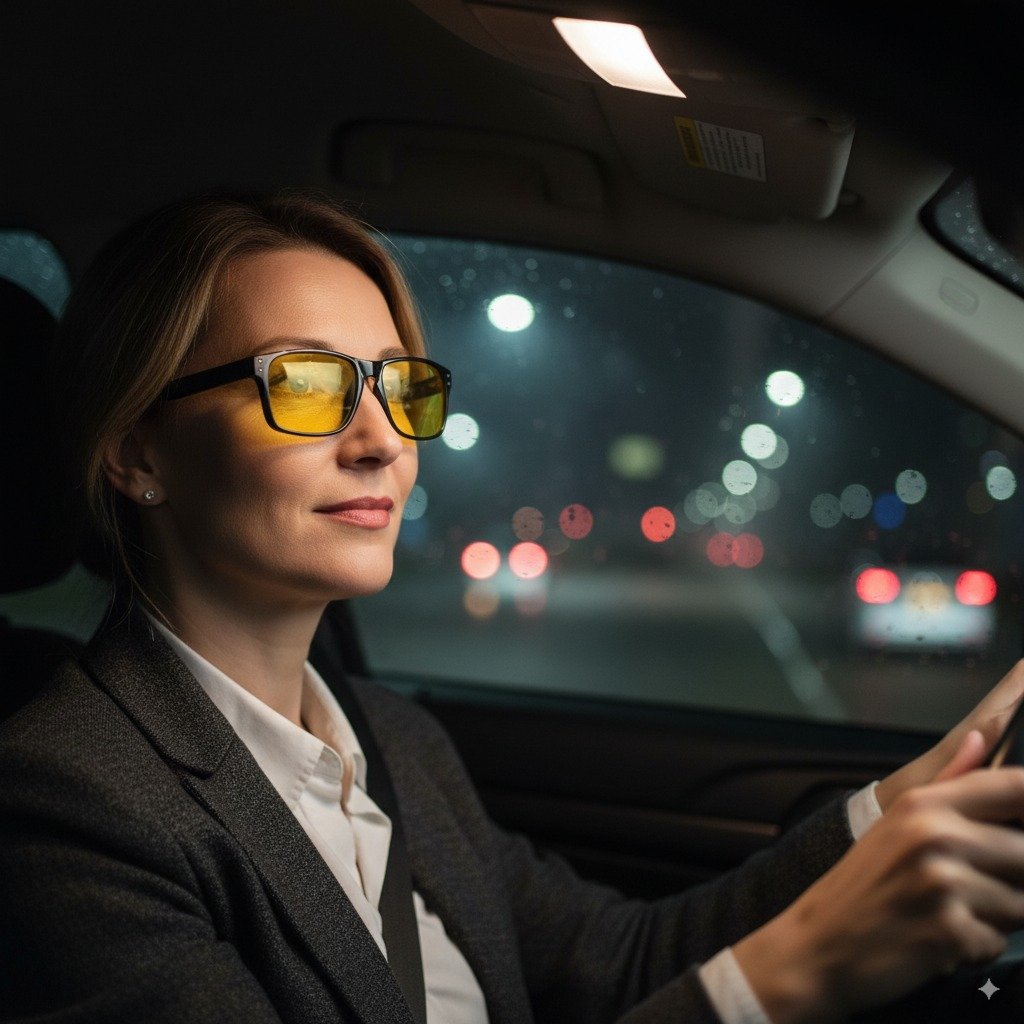 Vrouw rijdt veilig 's avonds in de auto met gepolariseerde nachtbril tegen verblinding van koplampen